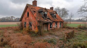 Abandoned house surrounded by wildflowers under a clear blue sky in a rural landscape photo