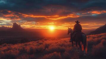 Cowboy riding into sunset on a horse across a grassy landscape in open countryside photo