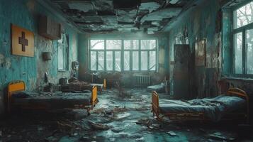 Abandoned hospital room filled with decay and neglect, showcasing empty beds and broken furniture photo
