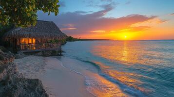 Sunset illuminates beachside hut near calm waves in a serene coastal setting photo