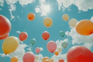 Colorful floating spheres creating dynamic patterns against a bright blue sky photo