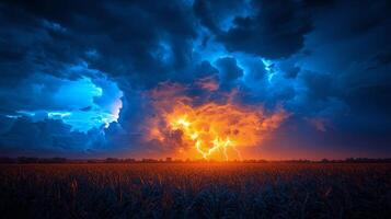 Dramatic storm clouds illuminate the horizon during sunset with flashes of lightning in the sky photo