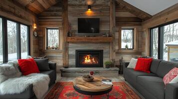 Cozy log cabin living room with fireplace on a snowy winter day photo