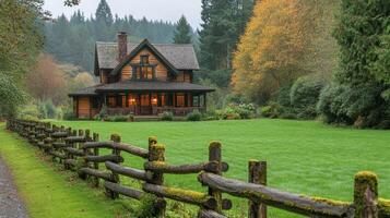 Charming wooden house surrounded by lush greenery and scenic landscaping in a peaceful rural setting photo