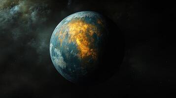 Planetary emergence amidst swirling clouds in a cosmic landscape photo
