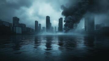 City skyline under orange sunset with smoke rising from buildings in a pollution-filled atmosphere photo