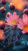 Close-up of a vibrant flower with a delicate spider web adorned with dew drops photo