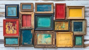 Collection of vintage picture frames arranged on a black surface with a green plant nearby photo