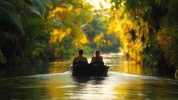 Serene boat ride through lush green canal at sunset with tranquil reflection on water photo