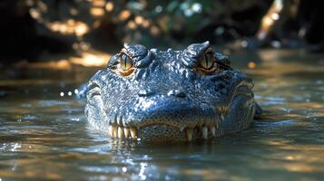 Close-up of a toad's eyes reflecting shimmering water at dusk in a serene natural habitat photo