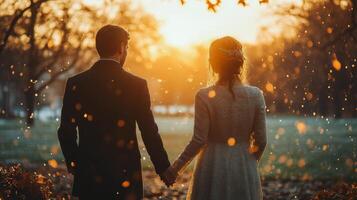 Couple enjoys sunset view in park surrounded by autumn foliage in evening light photo
