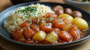 Delicious stew with vegetables served alongside fluffy rice and boiled potatoes for a wholesome meal photo