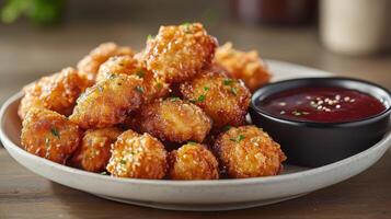 Crispy fried chicken pieces served with fresh vegetables and dipping sauce on a white plate photo
