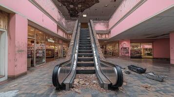 Abandoned shopping mall with escalator and peeling pink walls captured in daylight photo