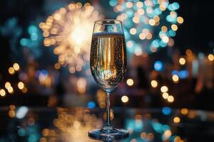 Celebratory sparkling wine glass with fireworks in the background during a festive night photo