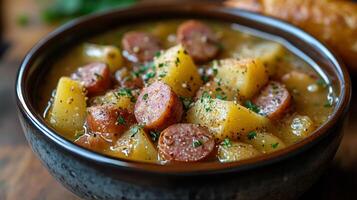 Hearty sausage and potato stew served in a bowl with herbs and bread on a rustic wooden table photo