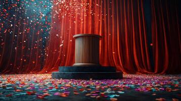 Stage set adorned with red petals for a theatrical performance in a dimly lit venue photo