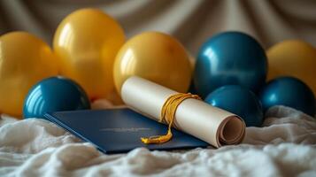 Celebration of achievement with balloons and diploma on a bed photo
