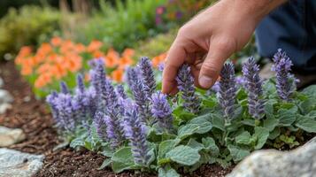 Gardener tending to yellow flowers in a lush green garden during the day photo