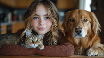 Young woman cuddles with a dog and a cat at a cozy indoor setting photo