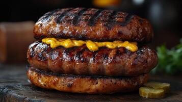 Grilled sausages served with mustard and pickles on a white plate photo