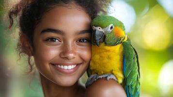 Girl smiles while holding a colorful parrot on her shoulder in a lush outdoor setting photo