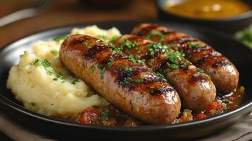 Savory sausages with mashed potatoes and mustard served on a plate photo