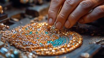 Artisan crafts intricate jewelry using colorful beads in a vibrant workshop setting photo