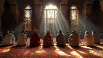 Muslims engaged in prayer on a colorful rug in a serene setting during midday worship photo