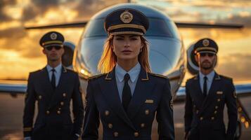 pilotos actitud para retrato durante puesta de sol a el aeropuerto exhibiendo camaradería y profesionalismo foto