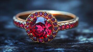 Stunning ruby ring with intricate details showcased on a dark surface photo