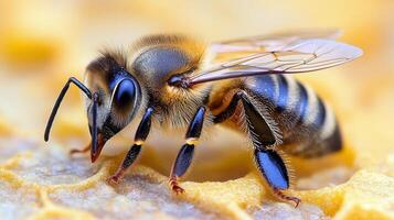 Close-up of a bee pollinating a vibrant yellow flower during a sunny day in a garden photo
