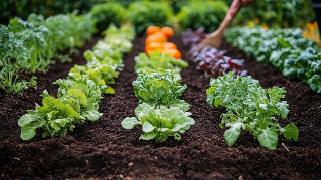 Freshly tended garden with vibrant vegetables and greens in a well-maintained plot photo