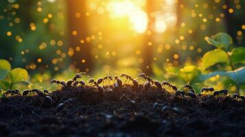 Ants working together on a log in a sunlit forest during the daytime photo