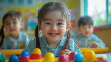 Happy child playing with colorful building blocks in a classroom during morning playtime photo