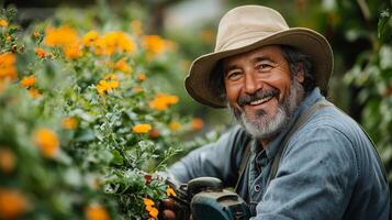 Smiling gardener tending to vibrant yellow flowers in a lush garden setting during daylight photo