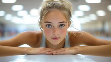 Young athlete performs dynamic aerial movement in a bright indoor swimming pool arena photo