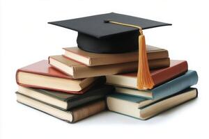 Graduation cap resting on books inside a cozy library setting photo