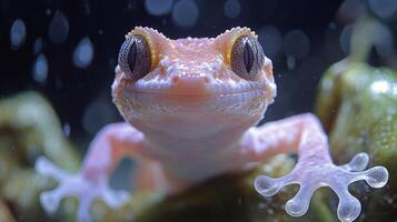 Colorful frog with prominent eyes sitting on a wet surface in a humid environment photo