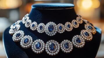 Elegant gold jewelry set featuring deep blue gemstones and intricate designs on luxurious fabric photo