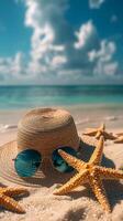 relajante playa escena con Dom sombrero, Gafas de sol, y estrella de mar cerca el Oceano en un soleado día foto
