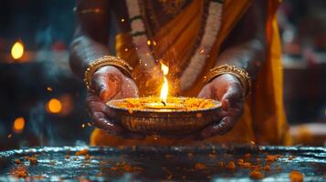 Ceremonial ritual performed by a priest in a temple setting during early evening hours photo