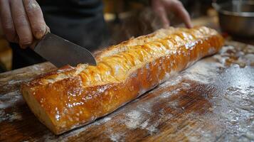 Freshly baked loaf of bread sliced on a kitchen counter with a serrated knife photo