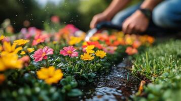 Colorful flower pots arranged in a garden during bright daylight hours photo