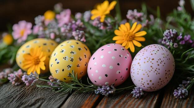 Colorful spring flowers and decorated eggs create a festive Easter display on a textured surface photo