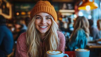 Young woman with long hair smiles warmly while enjoying drinks in cozy cafe setting during winter photo