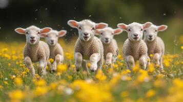 Young lambs frolic in a sunlit forest clearing during springtime in the countryside photo