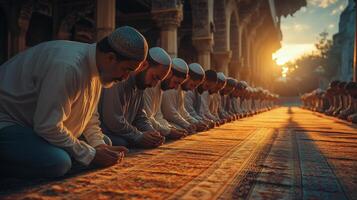 Muslims engaged in prayer on a colorful rug in a serene setting during midday worship photo