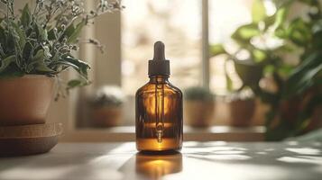 Dark amber dropper bottle with dropper on beige background showcasing minimalistic design photo