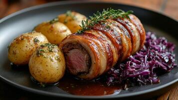 Deliciously prepared meat dish with roasted potatoes and purple cabbage served on a rustic plate photo